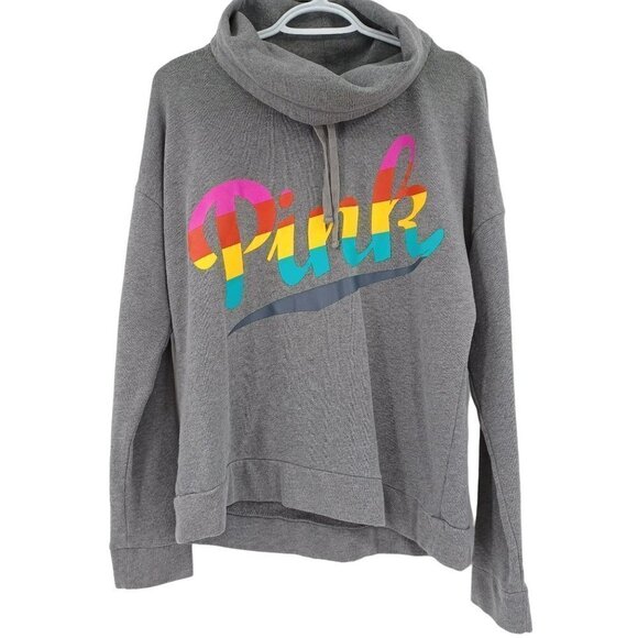 Pink VS Rainbow Spellout Funnel Neck Sweatshirt Gray Boxy Preppy Lounge Wear S - Picture 1 of 7